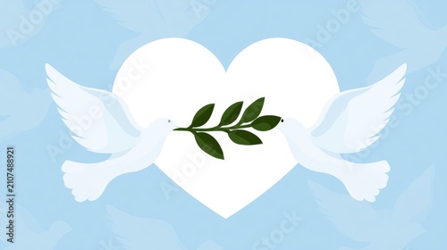 White doves carrying olive branch over heart symbol with soft lighting and clean composition for peace and harmony advertising