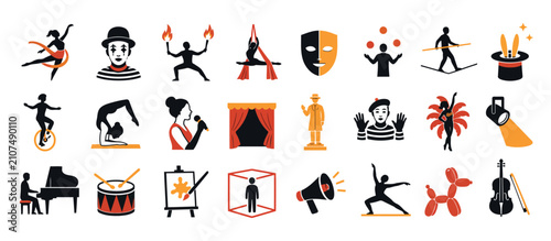 Colorful flat design icons of performing arts and entertainment.