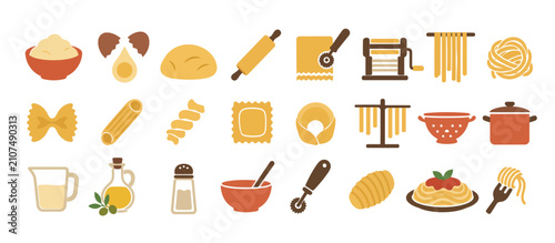 Bild auf Leinwand Colorful flat lay icons of pasta and kitchen tools.