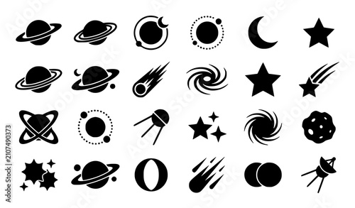 Tableau sur toile Orbital Planet Silhouette Collection with Space Travel and Cosmology Logo Elemen