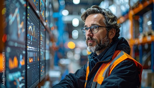 Warehouse manager analyzing logistics data and stock levels on digital dashboard screens