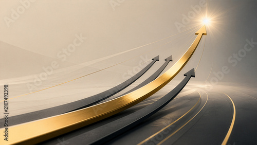 A sleek conceptual illustration of a golden arrow rising above darker arrows toward a bright light - Generative AI