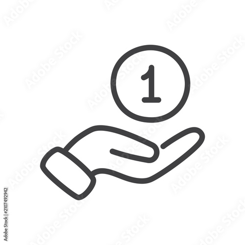 Outline number one coin on hand icon.