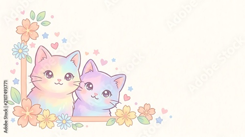 Two cute kittens cuddling in floral spring setting. Adorable cartoon cats snuggling on pastel blossom background.