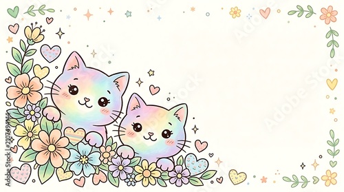 Two cute cartoon kittens cuddling in floral meadow. Adorable baby cats illustration with pastel spring flowers and butterflies.