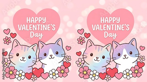 Two cute gray kittens celebrating Valentine's Day with hearts. Adorable cats holding love sign for romantic holiday greeting card design.