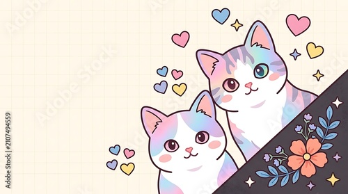 Two adorable white kittens with pink noses cuddling together. Playful baby cats surrounded by floating love hearts and floral elements.