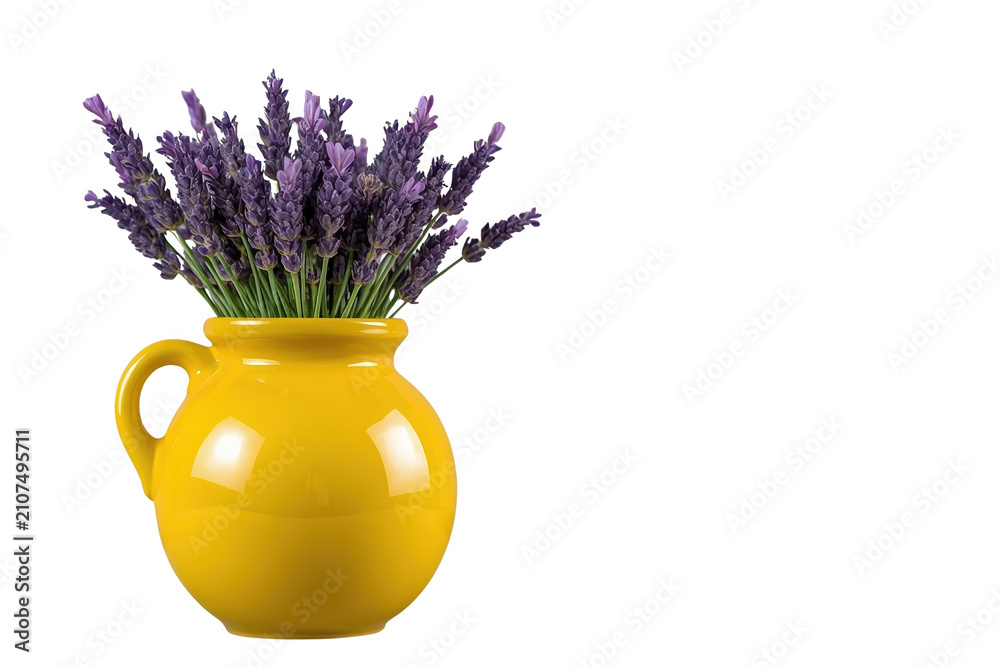Fototapeta premium Lavender flowers bouquet in yellow ceramic jug creating a calming, decorative, and natural botanical display
