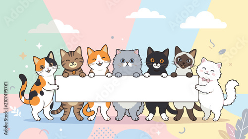 A group of cute cartoon cats holding a blank white banner for text, standing against a colorful pastel geometric background.
