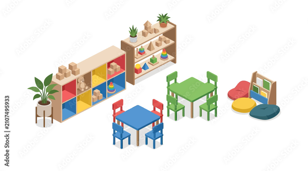 Naklejka premium Isometric Kindergarten Classroom with Colorful Furniture and Educational Toys