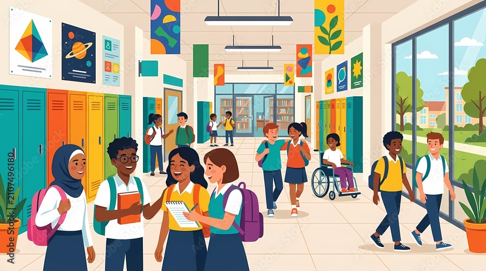 Obraz premium Diverse group of students in a modern school hallway.