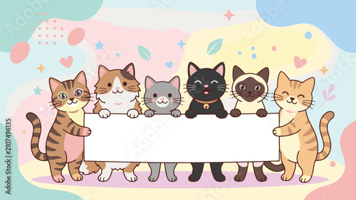 Six cute cartoon cats peeking over and holding a blank white banner against a colorful pastel abstract background decorated with hearts and stars.