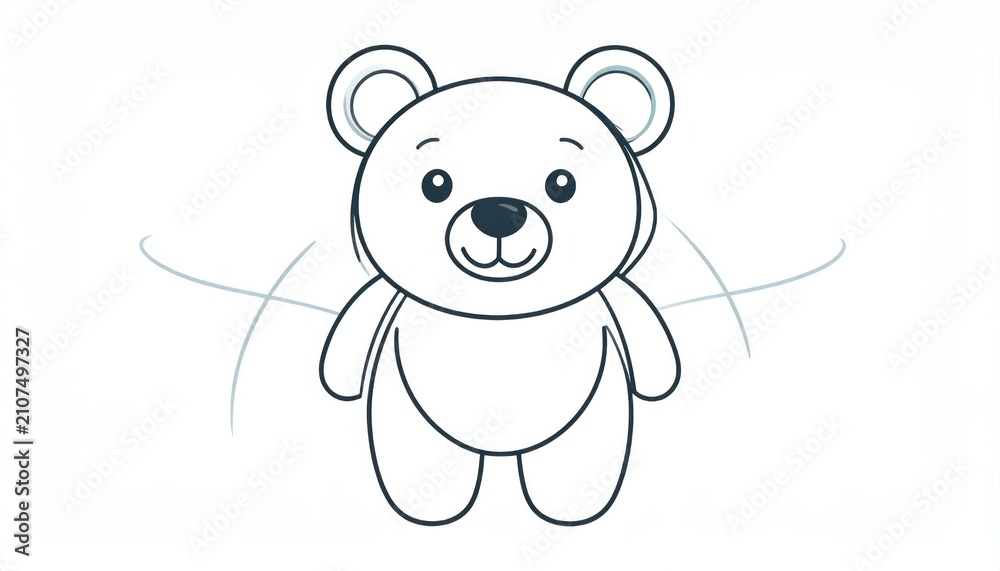 Fototapeta premium Simple vector line art illustration of a cute white teddy bear standing with a friendly smile perfect for children's designs and drawing tutorials on a clean background.