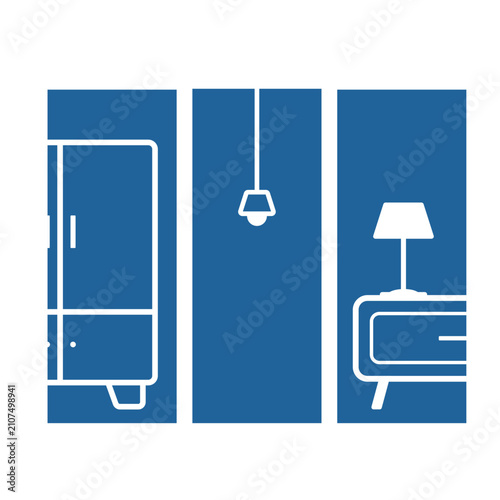 Modern furniture icons set featuring wardrobe lamp and nightstand in blue panels