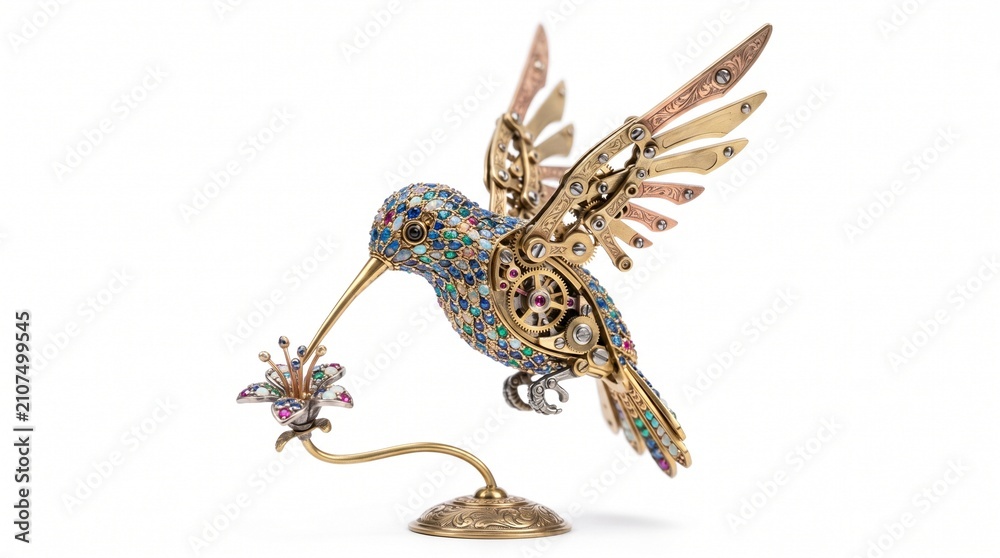 Fototapeta premium Luxury mechanical hummingbird in mid-flight. Gold and silver robotic bird with intricate clockwork wings and ornate detailing.
