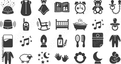 Foto Baby Sleep and Bedtime Routine Icon Set with Newborn Nursery Essentials, Lullaby