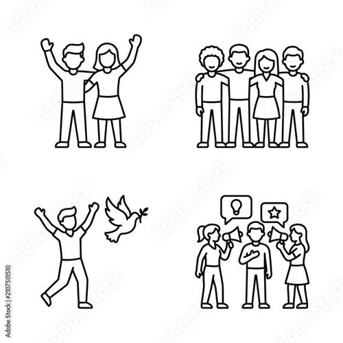 Set of minimalist line icons for social community peace and communication concepts