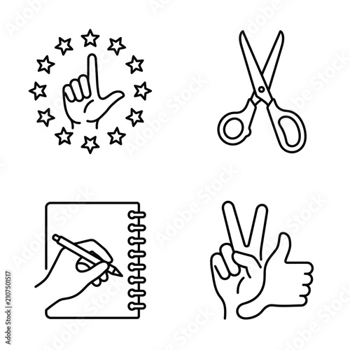Set of minimalist line icons including hand gestures scissors and notebook