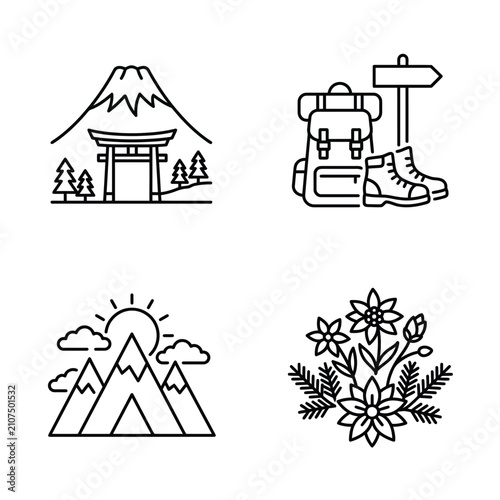 Set of Minimalist Outdoor Hiking and Mountain Travel Line Icons