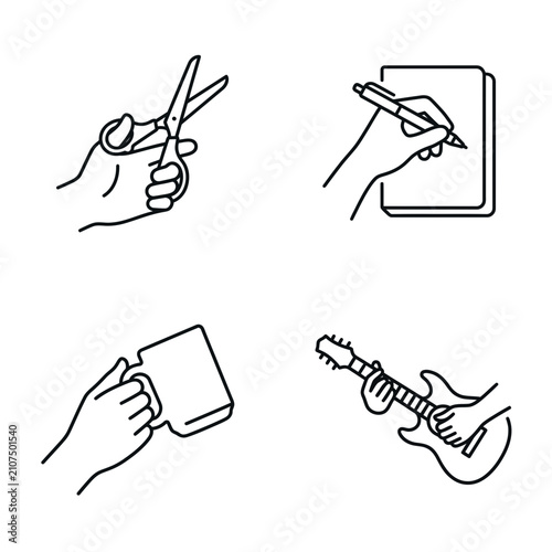 Set of minimalist line icons showing hands engaged in various daily activities and hobbies