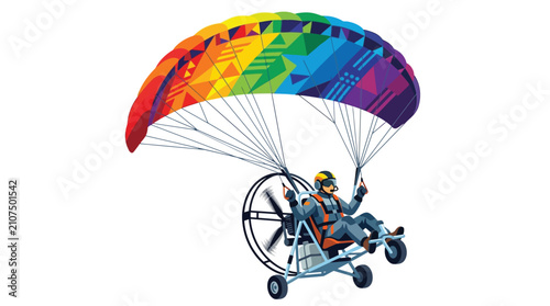 Fotografie Paramotor pilot with a rainbow-colored parachute flying against a white background