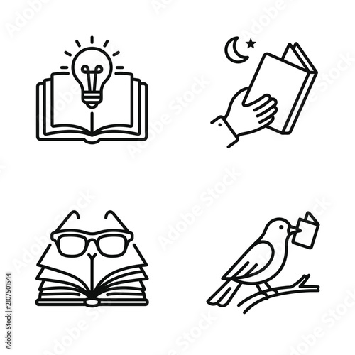 Set of minimalist reading and education line icons for books and knowledge