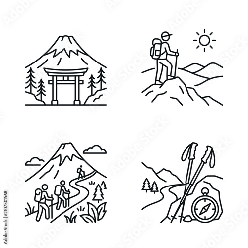 Set of mountain hiking and trekking line art icons for outdoor adventure