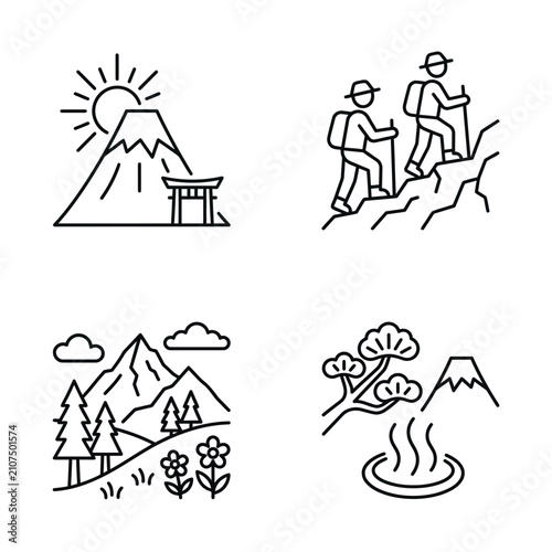Set of Nature Adventure and Mountain Hiking Linear Icons