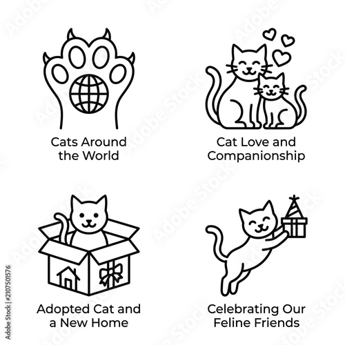 Set of Minimal Line Art Icons for Cat Adoption and Feline Celebration