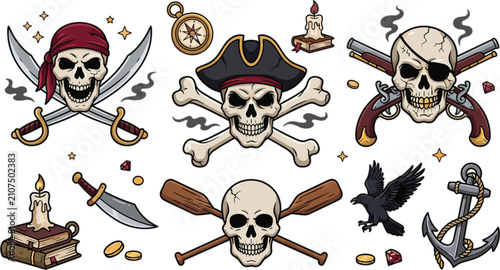Bild auf Leinwand Pirate skulls crossbones weapons and nautical adventure vector illustration set