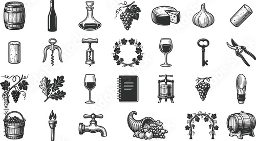 Vintage Wine Making and Vineyard Culture Icon Set featuring Oak Barrels, Glass Decanters, Corkscrews, Grapes, Cheese, and Winemaking Equipment Symbols for Restaurant Menus and Winery Branding