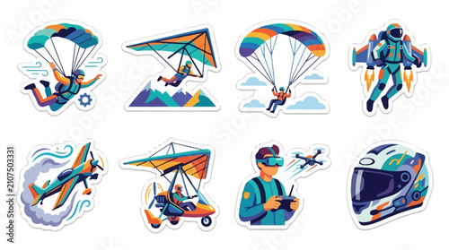Foto Collection of extreme sports and adventure activities icons including parachuting, hang gliding, and jetpack flying