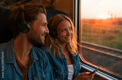 Young couple wearing headphones enjoying sunset view from train window