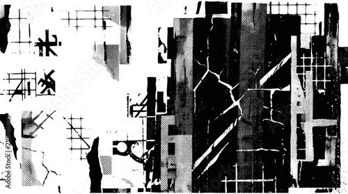 Abstract grunge geometric texture with distressed urban collage elements isolated on white background