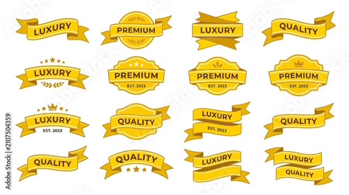 Fotografie Set of Golden Luxury and Quality Ribbons and Badges