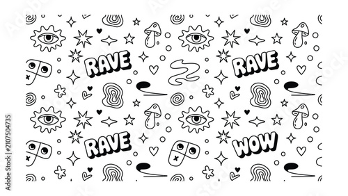 RAVE WOW Seamless Doodle Pattern - Music Festival Background Vector