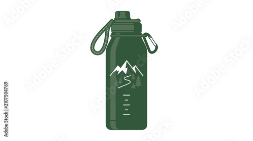 Reusable Water Bottle for Hiking Featuring Mountain Graphic and Clip