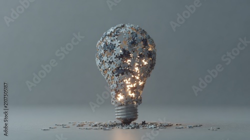Creative Concept of Light Bulb Made from Colorful Puzzle Pieces Illuminating Dark Background