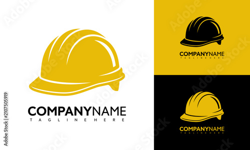 Construction hard hat logo icon. Yellow safety helmet symbol for building industry.