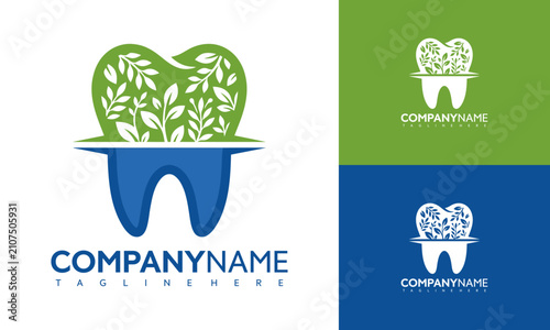 Dental clinic logo with leaf tooth icon. Eco friendly dentistry symbol for medical branding.