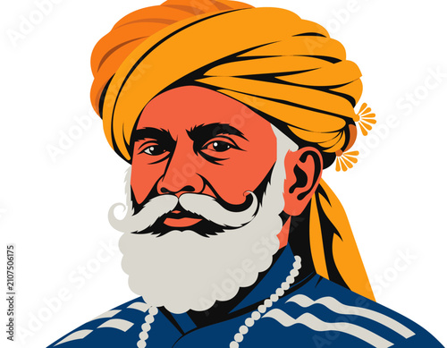 Принти на полотні A dignified portrait of an elderly Indian man with a white beard wearing a traditional turban
