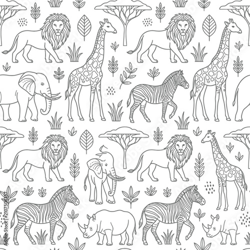 Seamless Safari Animal Repeat Pattern with Tropical Leaves and Wild Life Illustration
