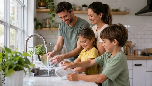 Family washing dishes together at the kitchen sink. Parents and children cleaning plates with soapy water. Teamwork and household chores concept