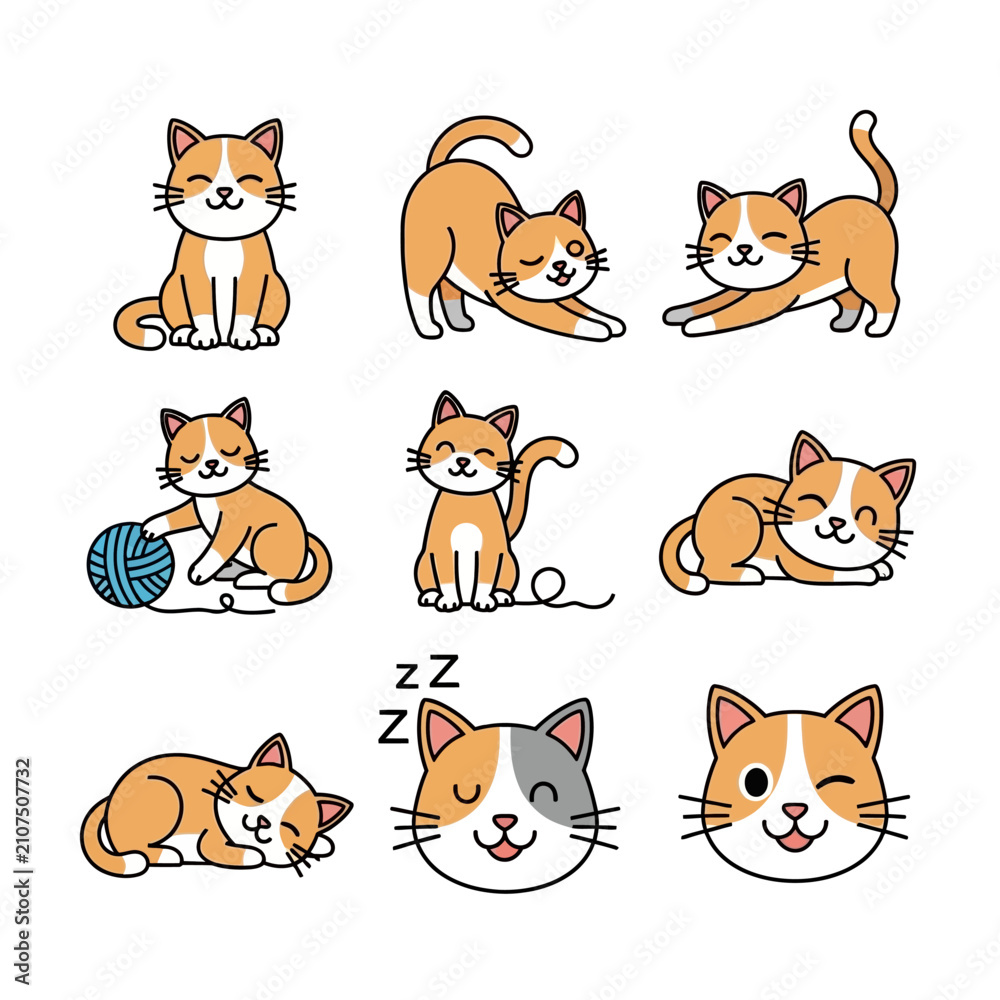 Fototapeta premium Cartoon orange cat various poses.