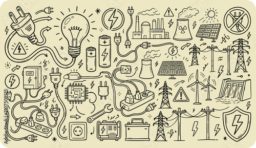 Tableau sur toile Electric energy and power industry concept doodle set with hand drawn electricit