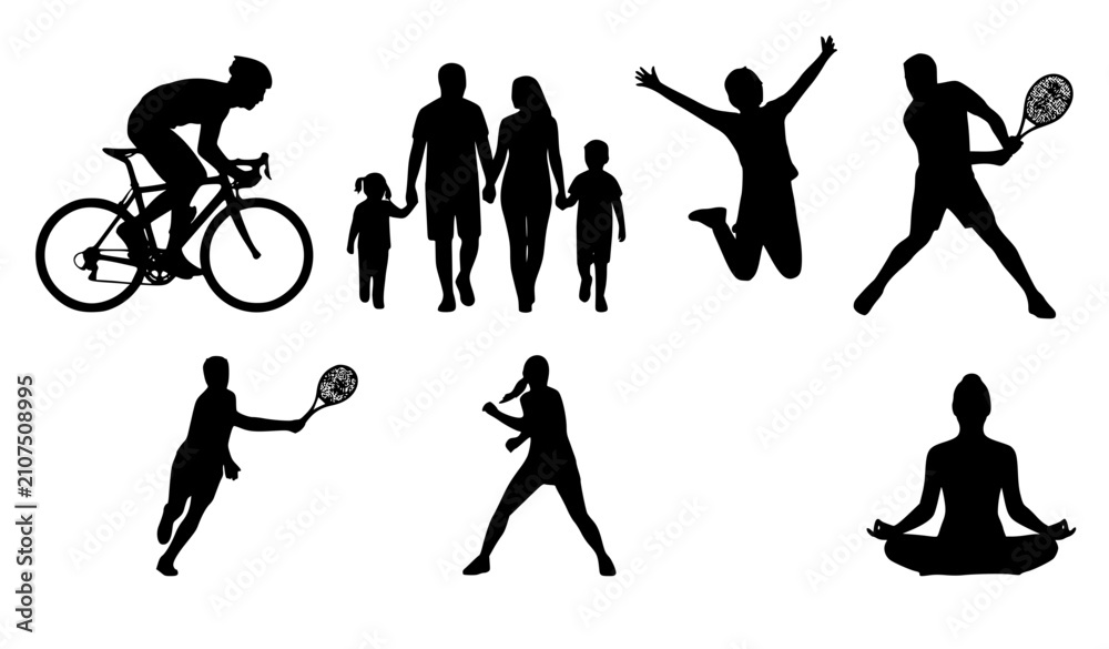 Obraz premium Active lifestyle silhouettes vector collection featuring family walking, cycling, jumping, tennis players, and yoga meditation icon isolated on white background for sports design.
