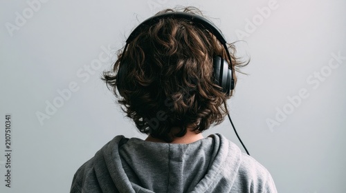 Person with brown curly hair wearing black headphones and a grey hoodie from behind