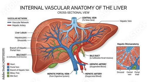 Medical illustration of the internal vascular anatomy of the human liver showing a cross-sectional view with labeled veins and arteries.