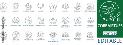 Canvastavla core virtues and corporate values line icon set featuring business ethics, integrity, trust, empathy, teamwork, leadership, and moral principles UI interface icons