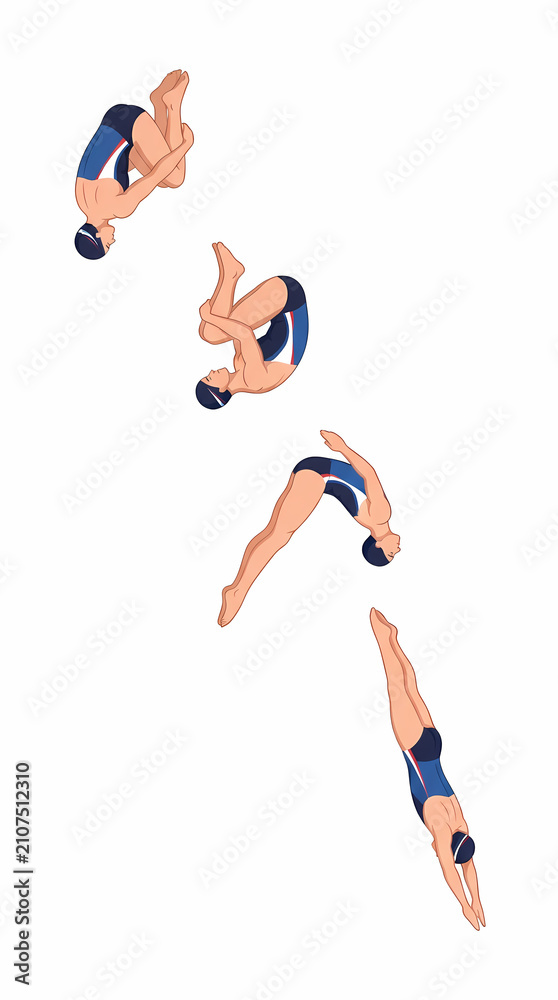 Obraz premium Sequence illustration of a diver performing a somersault and entering the water.